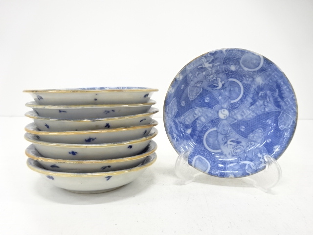 JAPANESE CERAMICS / INBANDE SMALL PLATE / SET OF 8 / BLUE & WHITE (PORCELAIN) / FLOWER & BIRD